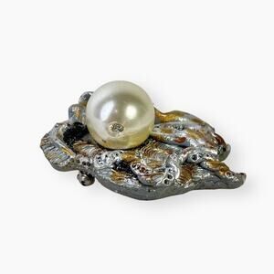 Artisan Brooch Abstract Polymer Clay Faux Pearl Silver And Gold Tone Vtg Signed